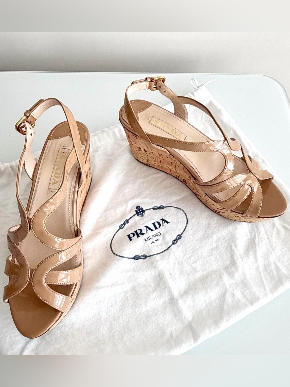 Prada Nude Patent Cork Wedges | Quiet Luxury | Coastal | Wedding Guest Sz 8.5